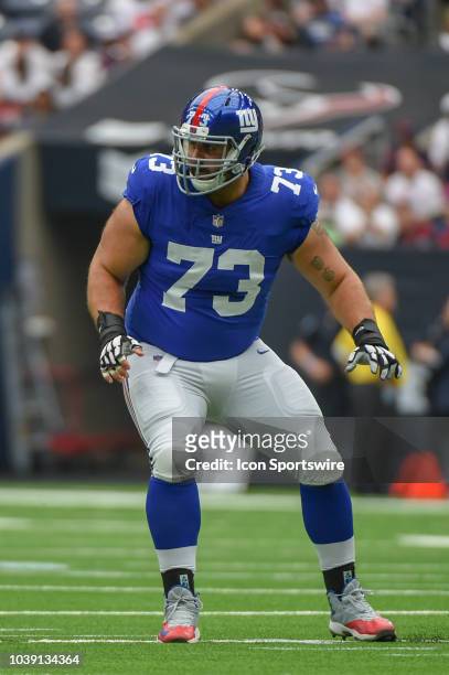 New York Giants Offensive Guard John Greco prepares to pass block during the football game between the New York Giants and the Houston Texans on...