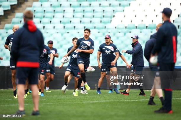 Latrell Mitchell warms up during a Sydney Roosters NRL training session at Allianz Stadium on September 24, 2018 in Sydney, Australia.