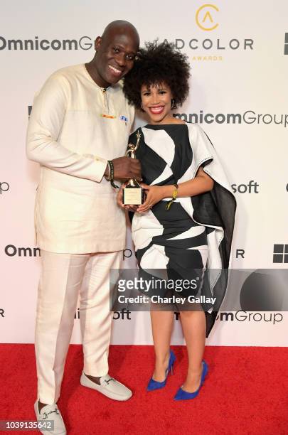 Kofi Amoo-Gottfried and Eunique Jones Gibson, recipient of The Rockstar Award, attend the 12th Annual ADCOLOR Awards at JW Marriott Los Angeles at...