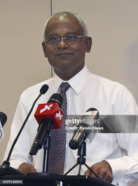 Ibrahim Mohammed Solih of the Maldivian Democratic Party speaks during a press conference in Male on Sept. 24 at which he declared victory in the...