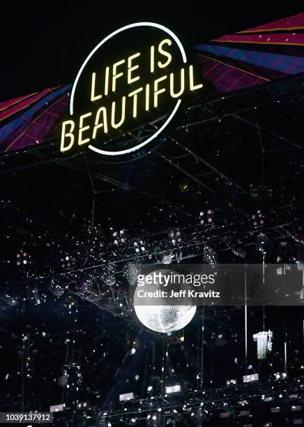 Arcade Fire performs on Downtown Stage during the 2018 Life Is Beautiful Festival on September 23, 2018 in Las Vegas, Nevada.