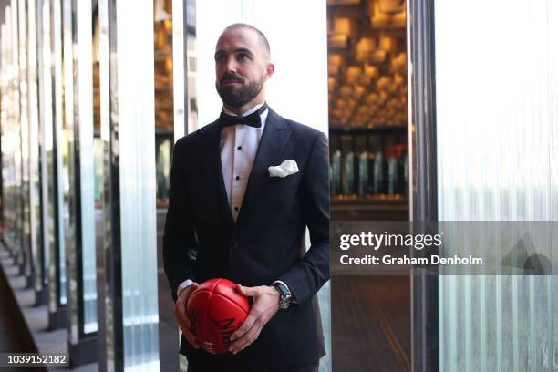 Steele Sidebottom of the Magpies wears M.J. Bale for the 2018 Brownlow Medal at Crown Entertainment Complex on September 24, 2018 in Melbourne,...