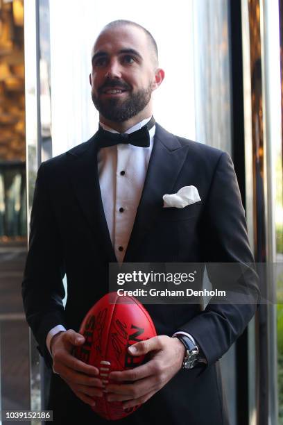 Steele Sidebottom of the Magpies wears M.J. Bale for the 2018 Brownlow Medal at Crown Entertainment Complex on September 24, 2018 in Melbourne,...