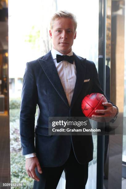 Isaac Heeney of the Swans wears M.J. Bale for the 2018 Brownlow Medal at Crown Entertainment Complex on September 24, 2018 in Melbourne, Australia.