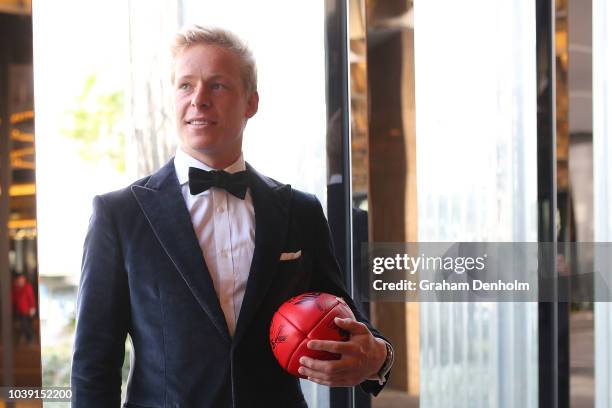Isaac Heeney of the Swans wears M.J. Bale for the 2018 Brownlow Medal at Crown Entertainment Complex on September 24, 2018 in Melbourne, Australia.