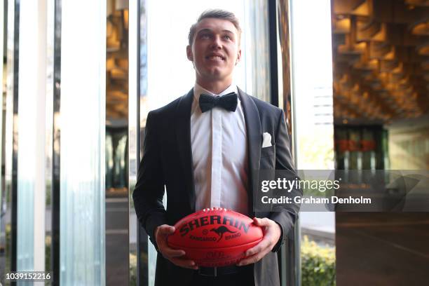 Patrick Cripps of the Blues wears M.J. Bale for the 2018 Brownlow Medal at Crown Entertainment Complex on September 24, 2018 in Melbourne, Australia.