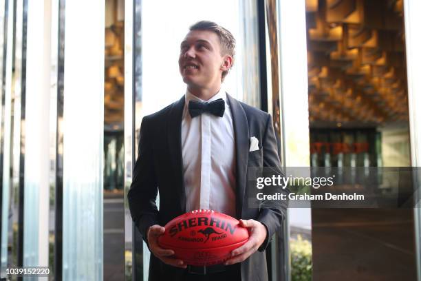 Patrick Cripps of the Blues wears M.J. Bale for the 2018 Brownlow Medal at Crown Entertainment Complex on September 24, 2018 in Melbourne, Australia.
