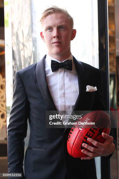 Clayton Oliver of the Demons wears M.J. Bale for the 2018 Brownlow Medal at Crown Entertainment Complex on September 24, 2018 in Melbourne, Australia.