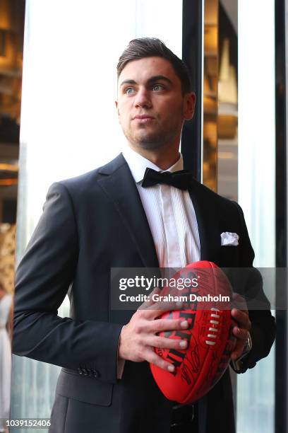 Tim Taranto of the Giants wears M.J. Bale for the 2018 Brownlow Medal at Crown Entertainment Complex on September 24, 2018 in Melbourne, Australia.