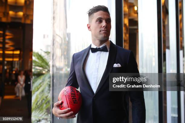 Josh Kelly of the Giants wears M.J. Bale for the 2018 Brownlow Medal at Crown Entertainment Complex on September 24, 2018 in Melbourne, Australia.