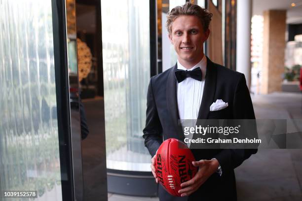 Lachie Whitfield of the Giants wears M.J. Bale for the 2018 Brownlow Medal at Crown Entertainment Complex on September 24, 2018 in Melbourne,...
