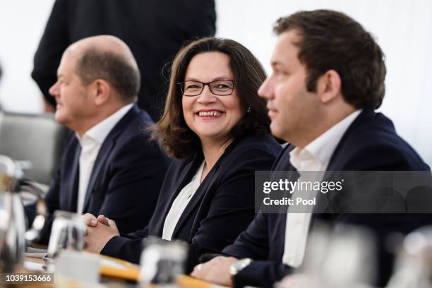 Leader of the Social Democratic Party and Chairwoman of the SPD faction Andrea Nahles arrives for a meeting of the SPD presidium on September 24,...