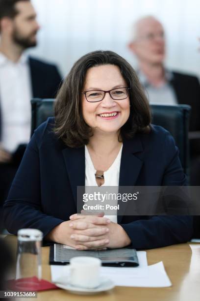 Leader of the Social Democratic Party and Chairwoman of the SPD faction Andrea Nahles arrives for a meeting of the SPD presidium on September 24,...
