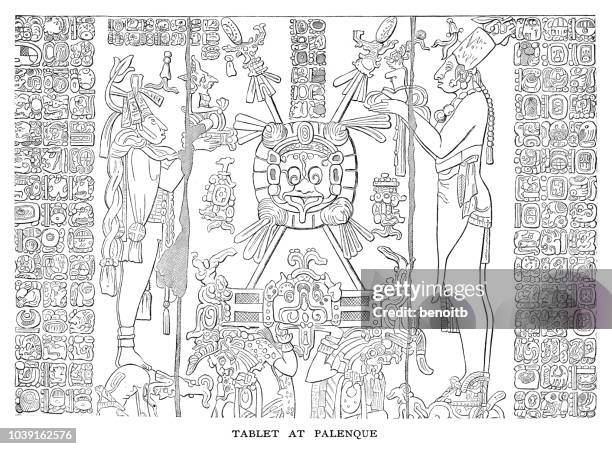 ilustraciones, imágenes clip art, dibujos animados e iconos de stock de tablet en palenque - aztec