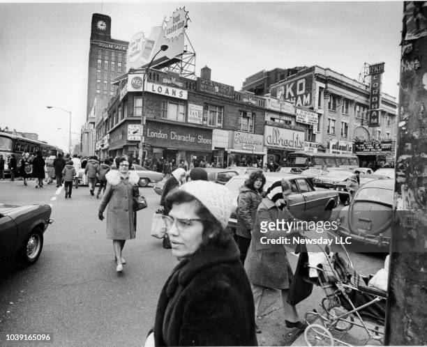 Shoppers cross Fordham Road at the Grand Concourse in the Bronx, New York on March 31, 1972.