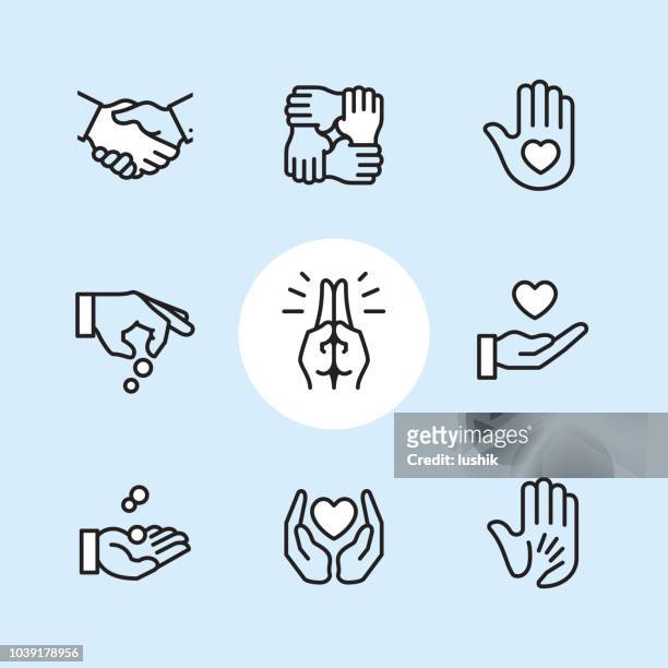 illustrazioni stock, clip art, cartoni animati e icone di tendenza di gesto donazione - set di icone del contorno - stringersi la mano