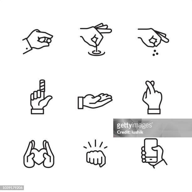 ilustrações de stock, clip art, desenhos animados e ícones de hand gestures - pixel perfect outline icons - punching