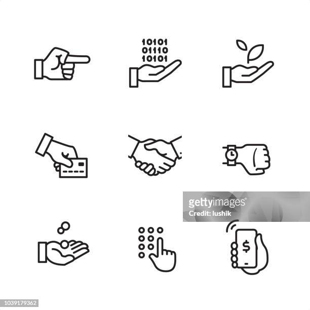 illustrazioni stock, clip art, cartoni animati e icone di tendenza di gesto aziendale - icone del contorno pixel perfect - mano umana
