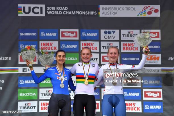 Podium / Camilla Alessio of Italy Silver Medal / Rozemarijn Ammerlaan of The Netherlands Gold Medal / Elynor Backstedt of Great Britain Bronze Medal...