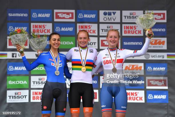 Podium / Camilla Alessio of Italy Silver Medal / Rozemarijn Ammerlaan of The Netherlands Gold Medal / Elynor Backstedt of Great Britain Bronze Medal...