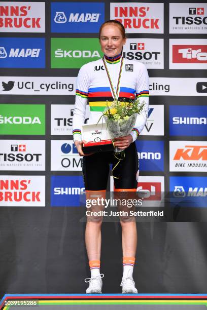 Podium / Rozemarijn Ammerlaan of The Netherlands Gold Medal / Celebration / during the Individual Time Trial Women Junior a 20km race from Wattens to...