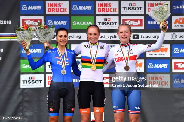 Podium / Camilla Alessio of Italy Silver Medal / Rozemarijn Ammerlaan of The Netherlands Gold Medal / Elynor Backstedt of Great Britain Bronze Medal...