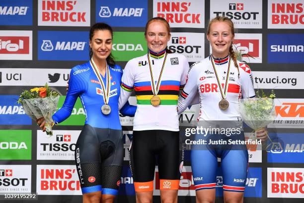 Podium / Camilla Alessio of Italy Silver Medal / Rozemarijn Ammerlaan of The Netherlands Gold Medal / Elynor Backstedt of Great Britain Bronze Medal...