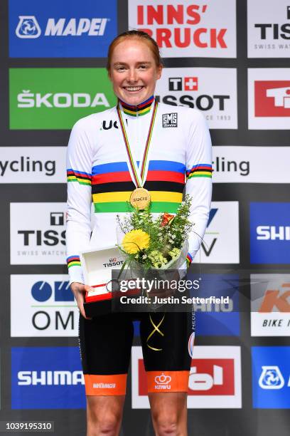 Podium / Rozemarijn Ammerlaan of The Netherlands Gold Medal / Celebration / during the Individual Time Trial Women Junior a 20km race from Wattens to...