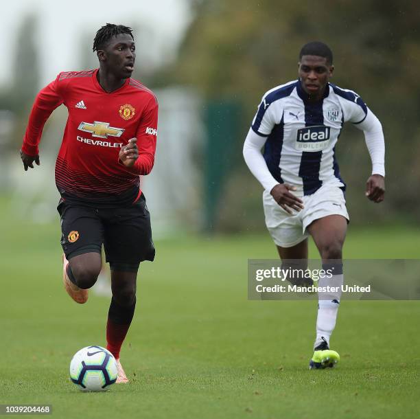 Aliou Traore of Manchester United U18s in action during the U18 Premier League match between Manchester United U8s and West Bromwich Albion U18s on...