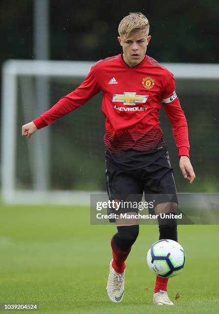 Brandon Williams of Manchester United U18s in action during the U18 Premier League match between Manchester United U8s and West Bromwich Albion U18s...