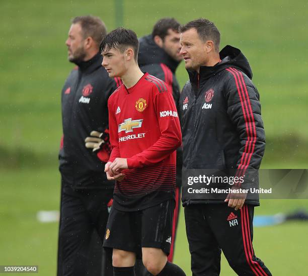 Dylan Levitt of Manchester United U18s in action during the U18 Premier League match between Manchester United U8s and West Bromwich Albion U18s on...