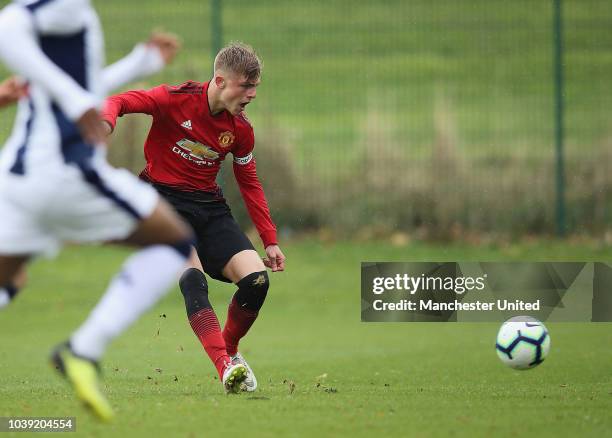 Brandon Williams of Manchester United U18s in action during the U18 Premier League match between Manchester United U8s and West Bromwich Albion U18s...