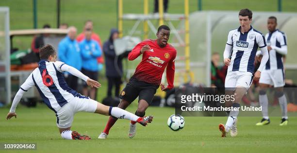 Anthony Elanga of Manchester United U18s in action during the U18 Premier League match between Manchester United U8s and West Bromwich Albion U18s on...