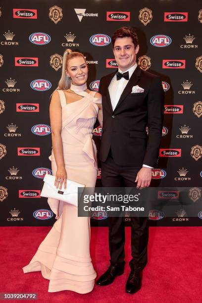 Jack Steele and Taylah Wilcox attends 2018 Brownlow Medal at Crown Entertainment Complex on September 24, 2018 in Melbourne, Australia.