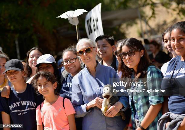 Jane Goodall attends the Los Angeles Zoo hosts Jane Goodall Institute's Roots & Shoots Day of Peace at Los Angeles Zoo on September 23, 2018 in Los...