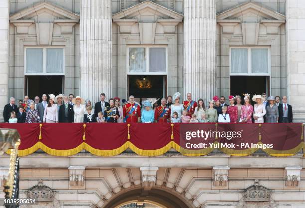 Queen Elizabeth II with members of the royal family on the balcony of Buckingham Palace, in central London, following the Trooping the Colour...