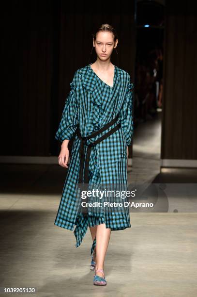 Model walks the runway at the Chika Kisada show during Milan Fashion Week Spring/Summer 2019 on September 24, 2018 in Milan, Italy.