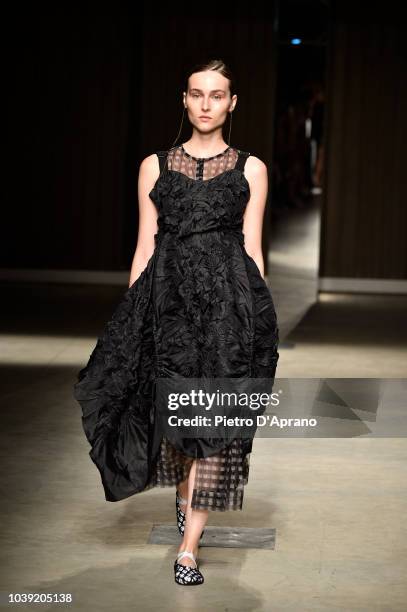 Model walks the runway at the Chika Kisada show during Milan Fashion Week Spring/Summer 2019 on September 24, 2018 in Milan, Italy.