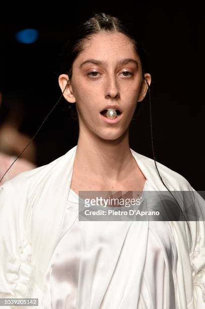 Model walks the runway at the Chika Kisada show during Milan Fashion Week Spring/Summer 2019 on September 24, 2018 in Milan, Italy.