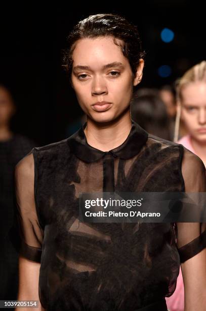 Model walks the runway at the Chika Kisada show during Milan Fashion Week Spring/Summer 2019 on September 24, 2018 in Milan, Italy.