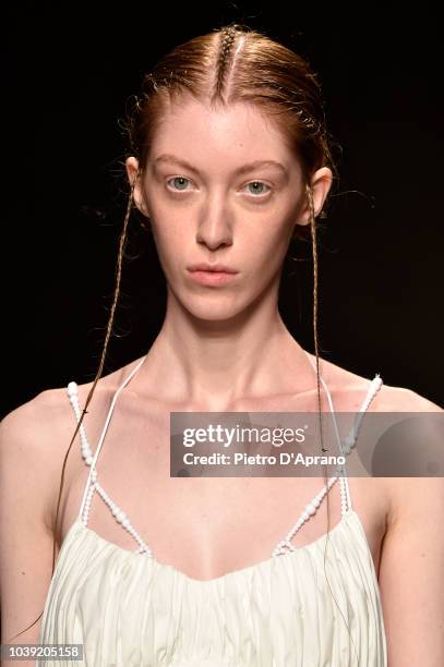 Model walks the runway at the Chika Kisada show during Milan Fashion Week Spring/Summer 2019 on September 24, 2018 in Milan, Italy.