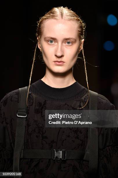 Model walks the runway at the Chika Kisada show during Milan Fashion Week Spring/Summer 2019 on September 24, 2018 in Milan, Italy.