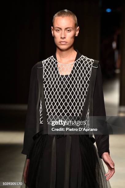 Model walks the runway at the Chika Kisada show during Milan Fashion Week Spring/Summer 2019 on September 24, 2018 in Milan, Italy.