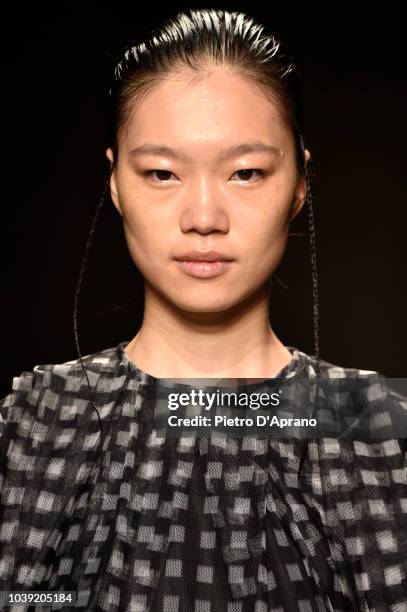 Model walks the runway at the Chika Kisada show during Milan Fashion Week Spring/Summer 2019 on September 24, 2018 in Milan, Italy.