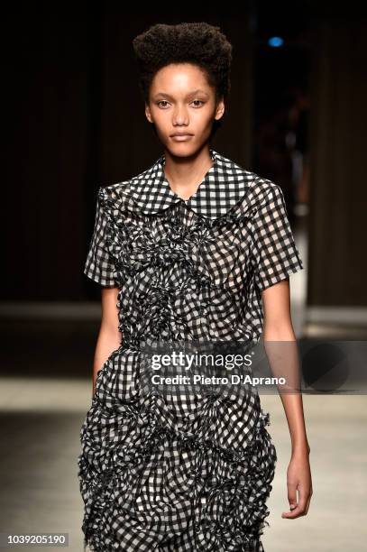 Model walks the runway at the Chika Kisada show during Milan Fashion Week Spring/Summer 2019 on September 24, 2018 in Milan, Italy.