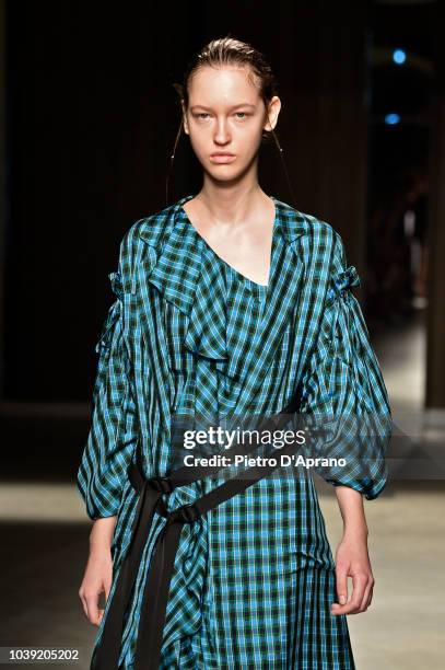 Model walks the runway at the Chika Kisada show during Milan Fashion Week Spring/Summer 2019 on September 24, 2018 in Milan, Italy.