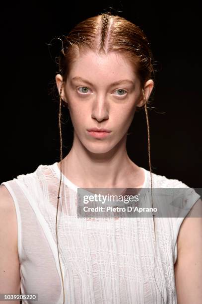 Model walks the runway at the Chika Kisada show during Milan Fashion Week Spring/Summer 2019 on September 24, 2018 in Milan, Italy.