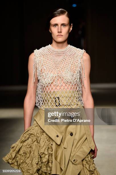 Model walks the runway at the Chika Kisada show during Milan Fashion Week Spring/Summer 2019 on September 24, 2018 in Milan, Italy.