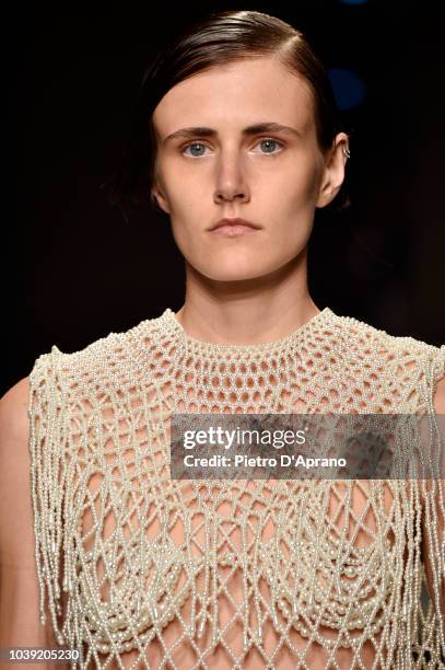 Model walks the runway at the Chika Kisada show during Milan Fashion Week Spring/Summer 2019 on September 24, 2018 in Milan, Italy.