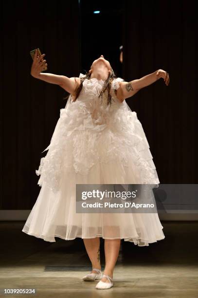 Model performs the runway at the Chika Kisada show during Milan Fashion Week Spring/Summer 2019 on September 24, 2018 in Milan, Italy.